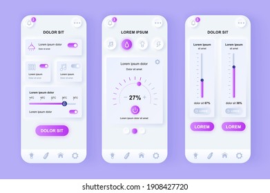 Smart Home Unique Neomorphic Design Kit. Internet Of Things Technology Of Home Automation System. Remote Control Of House UI UX Templates Set. Vector Illustration Of GUI For Responsive Mobile App.