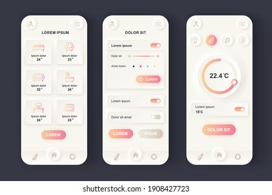 Smart Home unique neomorphic design kit. Online remote home control, monitoring and management, house systems automatization. UI UX templates set. Vector illustration of GUI for responsive mobile app.