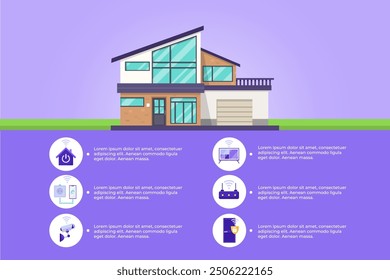 Hogar inteligente con varios iconos de dispositivos conectados. Ilustración vectorial