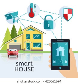 Smart home vector concept. Hand holding smart phone with house control application. Illustration of intrnet of things, elements and icons in flat style.