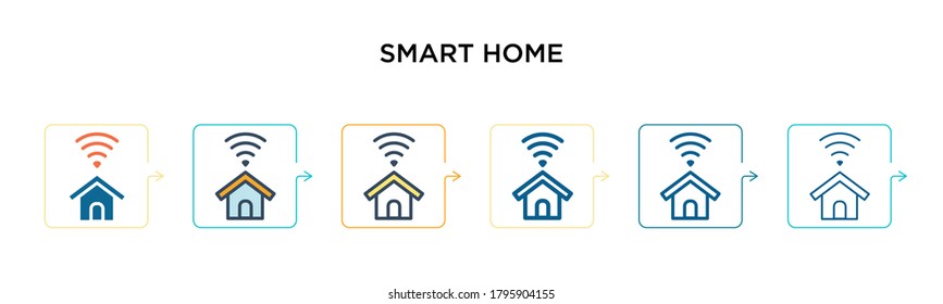Icono de vector de hogar inteligente en 6 estilos modernos diferentes. Iconos de color negro, dos colores inteligentes para el hogar diseñados con el estilo relleno, contorno, línea y trazo. La ilustración vectorial se puede usar para web, móvil, ui