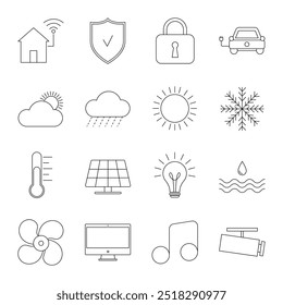 Iconos de vectores de casa inteligente .  Dispositivos de control de tecnología digital de domótica. Internet de las cosas en el control de la tecnología.