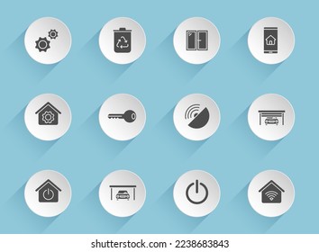 smarte, hausgemachte Vektorsymbole auf runden, puffigen Papierkreisen mit transparenten Schatten auf blauem Hintergrund. Smart-Home-Vektorsymbole für Web-, Mobil- und Benutzeroberfläche