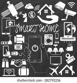Smart Home vector illustration with home assembled with white icons hand drawing by chalk on black board