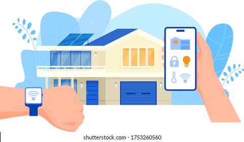 Smart home vector illustration. Cartoon flat human hands holding smartphone, controlling house digital system on internet mobile app. Innovative future technology for comfort concept isolated on white