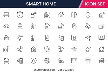 Iconos de línea de Vector inteligente para el hogar con termostatos, detectores de movimiento, cámaras, alarmas, automatización, iluminación, control de temperatura, conectividad y eficiencia energética.