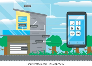 Smart home vector with mobile phone application. A detailed and modern visual representation, suitable for websites, applications and presentations of technological innovation.