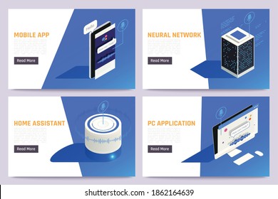 Smart home voice assistant concept neural network mobile app pc application 4 isometric web pages vector illustration 