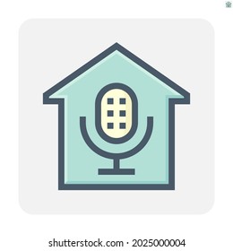 Smart home and voice assistant or voice recognition vector icon. Consist of microphone, home or house building. Technology to control system, security, energy i.e. electricity, thermostat. 48x48 pixel