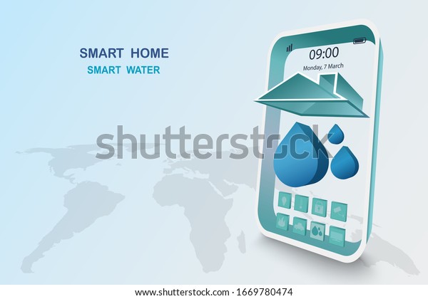 Smart\
home with water control, vector 3D style\
design
