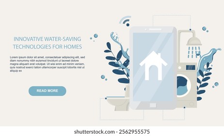 Smart Home Water-Saving Technology Illustration. A smartphone with a home icon, connected to water-saving appliances like a toilet, shower, and washing machine, symbolizing smart home water management