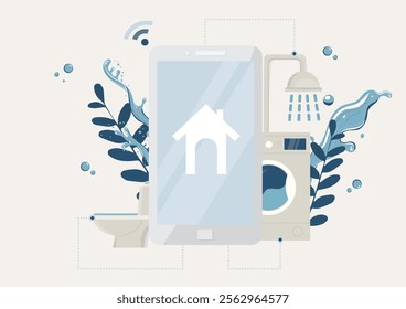 Smart Home Water-Saving Technology Mobile App Concept.  illustration of smart home water conservation technology featuring mobile phone, connected bathroom fixtures, and innovative water management