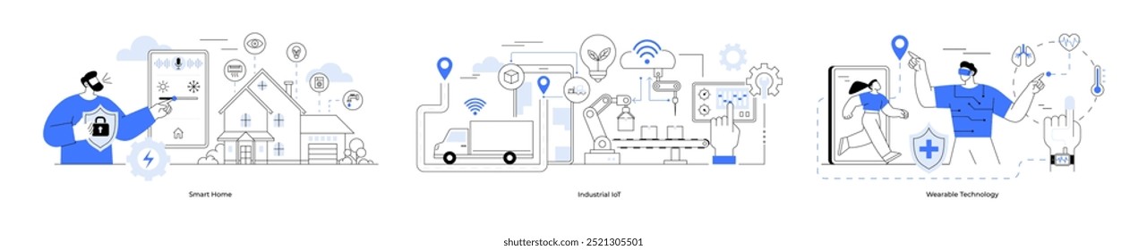 Smart home, wearable technology, industrial Iot. Smart home control, industrial IoT systems, and wearable tech monitoring. smart homes IoT devices, smart factories, health tech and cloud integration