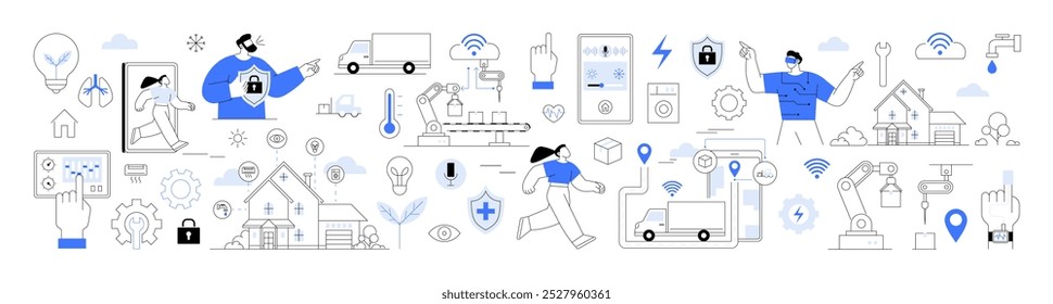 Smart home, wearable technology, industrial IoT. People interacting with smart devices, automated home systems, robotics and data analytics. Automation innovation internet of things, and data security