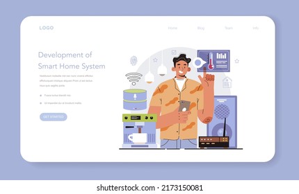 Smart home web banner or landing page. Idea of wireless technology and automation. Electronic security and light. Digital innovation, smart home system development. Flat vector illustration