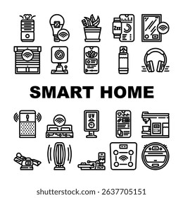 smart home wellness automation icons set vector. security, lighting thermostat, voice energy monitoring health, fitness, air, quality smart home wellness automation black contour illustrations