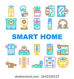 smart home wellness automation icons set vector. security, lighting thermostat, voice energy monitoring health, fitness, air, quality smart home wellness automation color line illustrations