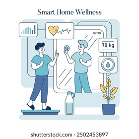 Smart Home Wellness concept. Illustration of individuals using connected devices for health tracking. Integration of technology and fitness in a modern lifestyle. Vector illustration.