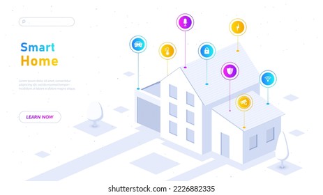 Blanco casero inteligente. Tecnologías modernas para sistemas de control remoto. Confort y comodidad en apartamentos, comunicación inalámbrica e innovación. Afiche o pancarta. Ilustración vectorial isométrica de dibujos animados