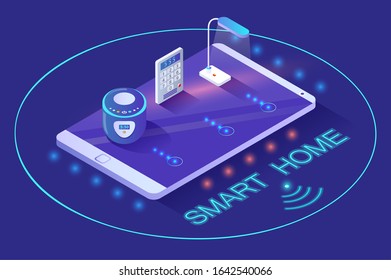Smart home wireless device lamp and intercom electronic equipment on touchscreen phone in neon circle. Connection with online safety technology light and smart key on mobile secure gadget, isometric