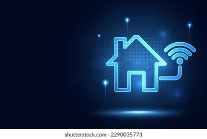 Smarthome Wireless-Entertainment und futuristische WiFi-Sicherheit auf blauem abstraktem Hintergrund mit digitalem Binärcode. Business Technology und Digital Transformation Konzept. Vektorgrafik.