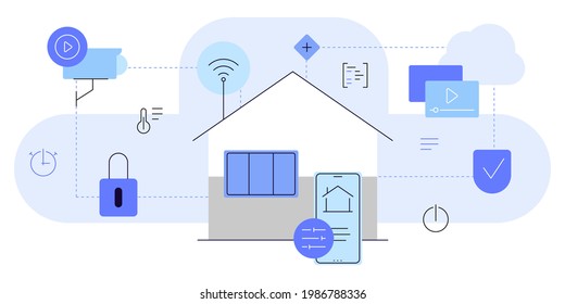 Régimen de trabajo doméstico inteligente. Seguridad. CCTV. Ilustración plana moderna. Archivo vector.