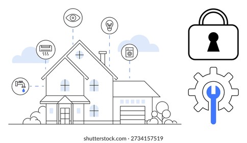 Smart homes, data security, automation, IoT, technology, innovation. House with connected devices and a lock symbol. Smart homes and data security concept