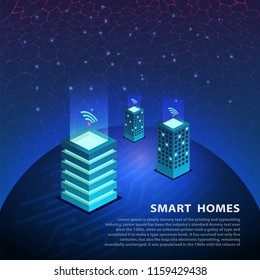 Smart homes or intelligent building isometric vector concept on the blue gradient background. Blue planet with circuit pattern and hexagon electric pattern on background.