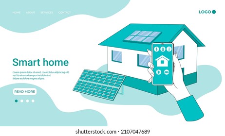 Smart home.Smart home management using the smartphone app.The concept of an intelligent home management system.An illustration in the style of a landing page in green.