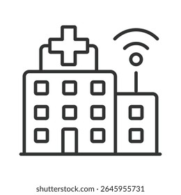 Hospital inteligente, ícone em design de linha. Smart-hospital, digital-hospital, e-saúde, telemedicina, médico-inovação no vetor de fundo branco. Hospital inteligente, ícone de traçado editável