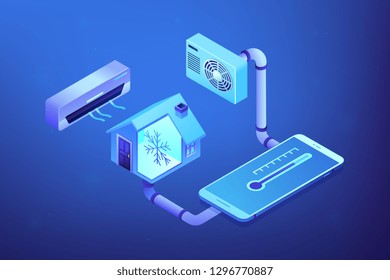 Smart house   air conditioning system controlled and smartphone  Air conditioning  smart cooling system  air conditioning units concept  Ultraviolet neon vector isometric 3D illustration 