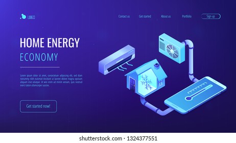 Smart house and air conditioning system controlled with smartphone. Air conditioning, smart cooling system, air conditioning units concept. Isometric 3D website app landing web page template