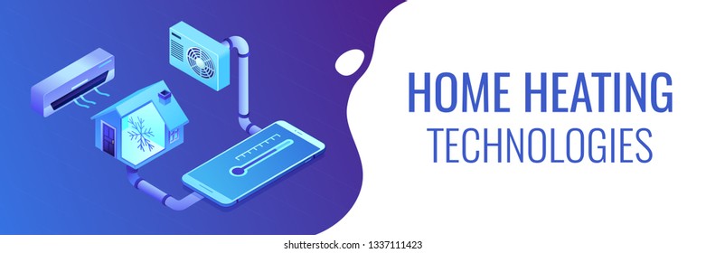 Smart house y sistema de aire acondicionado controlado con smartphone. Aire acondicionado, sistema de refrigeración inteligente, concepto de unidades de aire acondicionado. Espacio de copia de la plantilla de encabezado de banner 3D isométrico.
