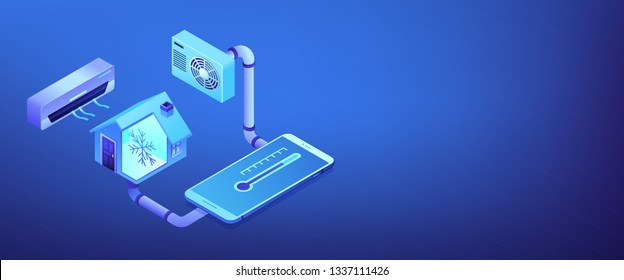 Smart house and air conditioning system controlled with smartphone. Air conditioning, smart cooling system, air conditioning units concept. Isometric 3D banner header template copy space.