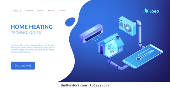 Smart house   air conditioning system controlled and smartphone  Air conditioning  smart cooling system  air conditioning units concept  Isometric 3D website app landing web page template