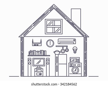 Smart house appliances and technology in line flat design . Vector illustration .  Apply to website , book cover , poster ,  infographics .