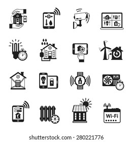 Smart house automatic heating control and security camera protection system black icons set abstract isolated vector illustration