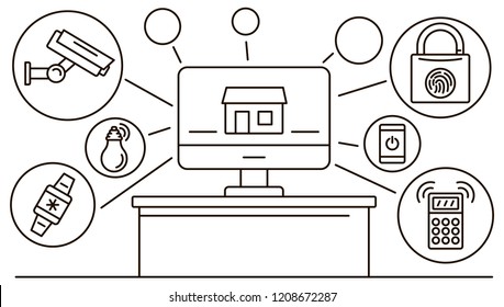 Smart house banner. Outline illustration of smart house vector banner for web design