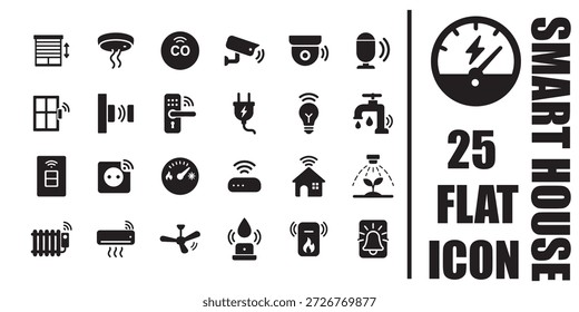 Smart house black flat icon set of 25 wireless home automation devices with sensors cameras thermostat smart plug lighting security and energy control