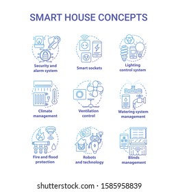 Smart house blue gradient concept icons set. Innovative technology for apartments idea thin line illustration. Domotics. Smoke detectors. Home automation. Vector isolated outline drawing