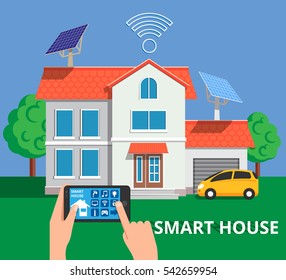 Smart house concept in flat stile. Remote home control system on a digital tablet or phone. Vector illustration for web banners, info graphic and brochure