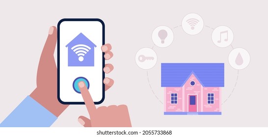 Smart house concept. Hand hold smartphone with smart house app, program. Vector illustration in a flat style