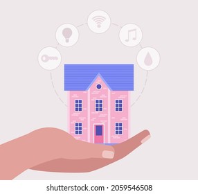 Smart house concept. Hand hold house. Vector illustration in a flat style