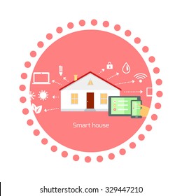 Smart house concept icon flat design. Home technology, digital security, communication system, automation and control, energy and light, building and power illustration