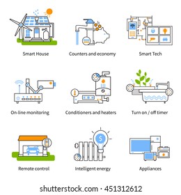 Smart house conceito ícone conjunto com contadores economia temporizador on-line monitoramento condicionadores utensílios descrições vetor ilustração