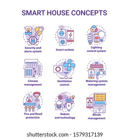 Smart house concept icons set. Innovative technology for apartments idea thin line illustration. Smoke detectors. Climate control. Home automation. Vector isolated outline drawing. Editable stroke