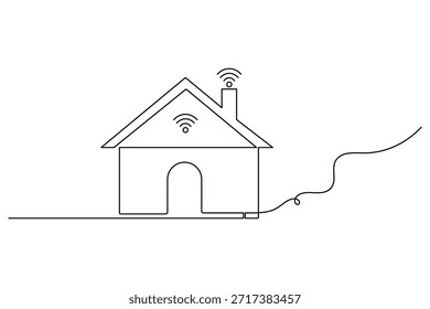 Smart house concept illustration with simple continuous black line design and wifi