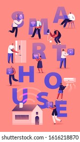 Smart House Concept. People Using Artificial Intelligence Technology and Internet of Things Application Services for Control Home Devices Poster Banner Flyer Brochure. Cartoon Flat Vector Illustration