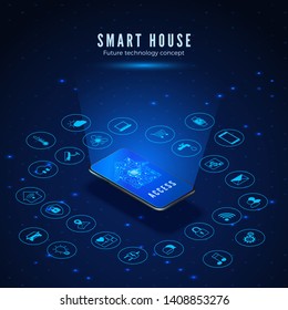 Smart House Concept. Smartphone with House Circuit Silhouette on Screen and Icons Set. Smart Home Monitoring and Control Systems. Vector Illustration