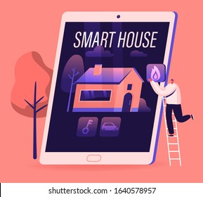 Smart House Concept. Tiny Man Stand on Ladder Put Fire Icon on Huge Tablet Touch Screen with Home Building with Artificial Intelligence Technology, Iot Application. Cartoon Flat Vector Illustration